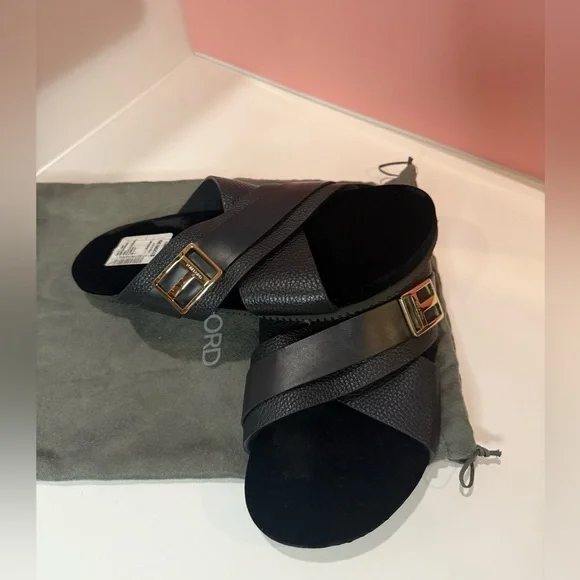 Tom Ford Black Slide Sandals with Gold Buckle